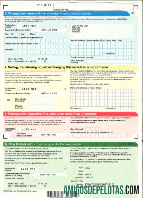 Motorista do Reino Unido, Certificado de Registro de Veículo3 exemplo